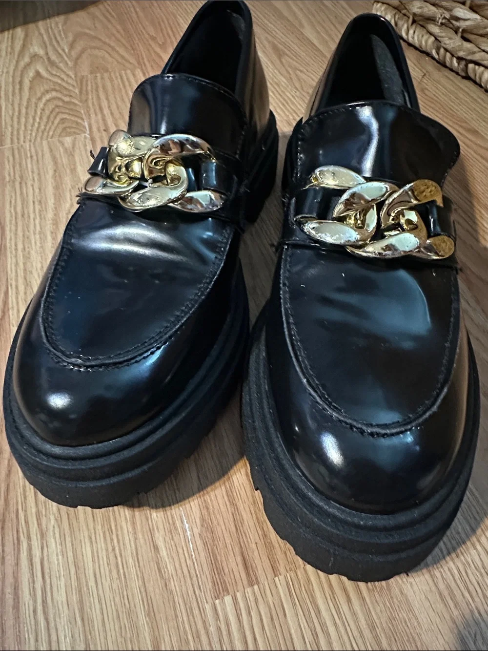 Steve Madden Black Patent Loafers with Gold Chain Detail